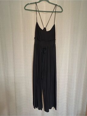 Dark Bluish Gray Spaghetti-Strap Wide Leg Jumpsuit with Smocked back